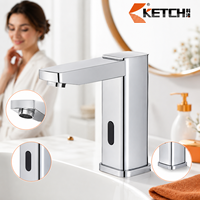 Robinet de lavabo rectangulaire en alliage de zinc chromé minimaliste à détection infrarouge automatique sans contact pour salle de bain