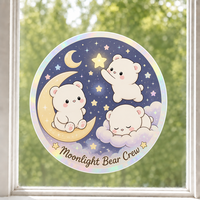 Autocollants personnalisés imperméables en PVC vinyle, motif ours kawaii et lune, pour fenêtre, imprimés UV, électrostatiques, décoratifs pour verre et mur