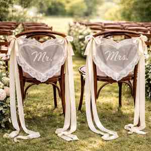 Bannière de chaise de mariage personnalisée en ruban de satin avec dentelle tendance pour la mariée et le marié, idéale pour la douche nuptiale et les réceptions en extérieur - Product Image 5