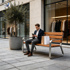 Banco de Teca Moderno para Paisajes Urbanos con Estructura de Acero Inoxidable, Asientos Públicos Duraderos para Exteriores, Impermeables, para 4 Personas - Product Image 5