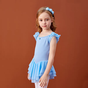Girls Ballet Leotard Dress With Ruffle Sleeves And Skirt In Pink Blue Purple Colors For Children <b>Performance</b> <b>Wear</b> - Product Image 3