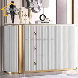 Aparador <span class=keywords><strong>de</strong></span> Lujo Moderno para Sala <span class=keywords><strong>de</strong></span> Estar, <span class=keywords><strong>Entrada</strong></span> o Cocina, <span class=keywords><strong>de</strong></span> Acero Inoxidable Dorado, Madera Maciza Blanca Brillante, con Cubierta <span class=keywords><strong>de</strong></span> Mármol - Product Image 3