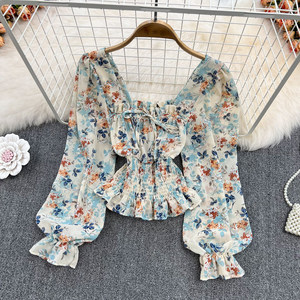 <span class=keywords><strong>Camicia</strong></span> Primaverile Retrò con <span class=keywords><strong>Colletto</strong></span> Quadrato, Maniche a Sbuffo, <span class=keywords><strong>Volant</strong></span> Floreali in Chiffon, Vestibilità Slim con Fiocco, Elegante per Donne - Product Image 5