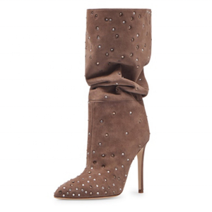 Women's Suede Diamonds Knee High Boots Sexy Pointy Toe Stiletto Shoes Woman <b>Long</b> Boots Custom Logo Sizes Booties - Product Image 5