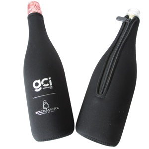 Personalized Black Neoprene Longneck Cooler Bag with Zipper for Beer Champagne Wine Silver Logo-Longneck Wine Cooler - Product Image 3