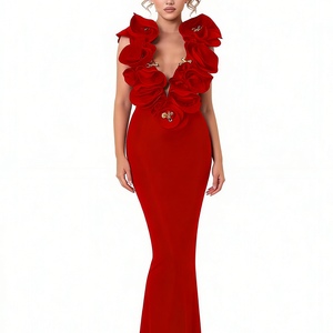 Robe midi pour femme avec appliques florales 3D - Robe de soirée extensible sans manches à col en V profond - Mode - Product Image 1