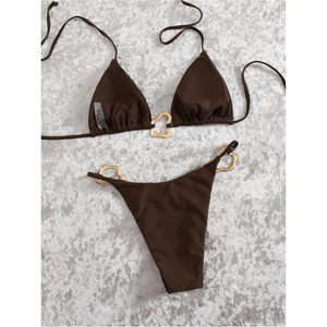 Ensemble de bikini pour femme avec anneau métallique, haut triangle dos nu, coupe haute, 2 pièces, en Spandex et Nylon extensibles - Product Image 3