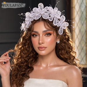 Tiara de novia de encaje hecha a mano YouLaPan con ribete floral bordado y cristales en forma de rama, elegante corona para el cabello de novia <span class=keywords><strong>HP702</strong></span> - Product Image 4