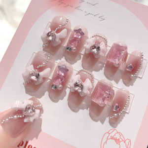 Uñas Postizas Curvas Medianas con Degradado Rosa, Lazo 3D, Estrella y Diamantes <span class=keywords><strong>de</strong></span> Imitación, Kit <span class=keywords><strong>de</strong></span> Uñas Postizas Reutilizables para Uso Diario y Fiestas - Product Image 1