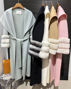 Abrigo de Cachemira de estilo largo popular para mujer, abrigo de lana con diseño de <span class=keywords><strong>Chinchilla</strong></span> con puños de piel de conejo Rex - Product Image 4