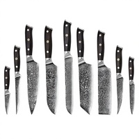 Ensemble de couteaux de cuisine japonais tranchants avec manche en bois de santal noir, comprenant couteaux à pain, couteaux à éplucher, couteaux à désosser, hachettes de boucher et de chef, et couteaux de Damas