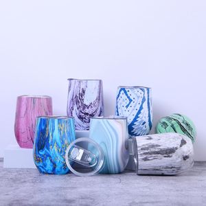 12oz <b>Double</b> <b>Wall</b> Cup Stemless Wine Tumbler Stainless Steel Insulated Vacuum Wood Grain Egg Shape <b>Mug</b> Sports Water Bottle - Product Image 1