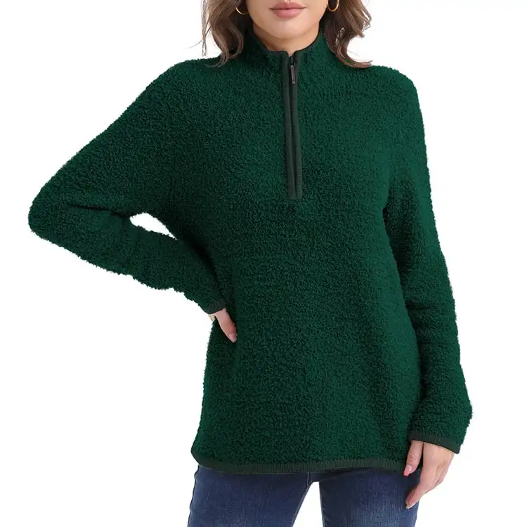 Модные вязаные свитера на 1/3 молнии, однотонный пуловер с длинным рукавом, темно-зеленый осенний наряд для женщин