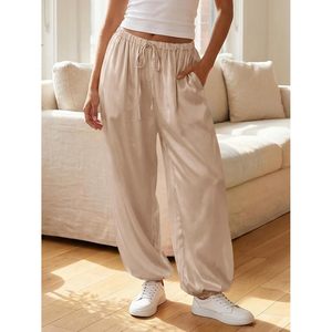 Womens Satin Harem <b>Pants</b> Elastic Waist Drawstring Loose Fit Casual Workout <b>Pants</b> With Pockets Mid Waist Barrel Leg Style - Product Image 2