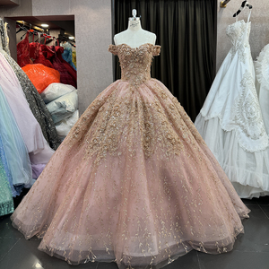 2024 New Design Flowers Pink Off Shoulder Ball Gown Embroidery <b>Wedding</b> <b>Evening</b> <b>Dresses</b> 6640-1 - Product Image 1