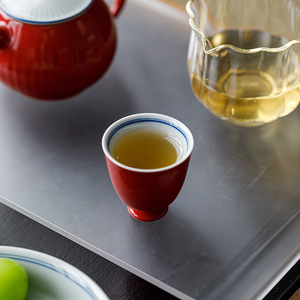 Guanlan Hand Painted Double Line Small <b>Teacup</b> Red Glaze Porcelain Traditional Chinese Style Tea Tasting Cup Kung Fu Tea Set - Product Image 4