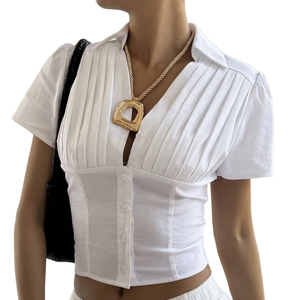 <span class=keywords><strong>Blusa</strong></span> Corta Elegante <span class=keywords><strong>Blanca</strong></span> para Mujer, Mezcla de Lino, Manga Corta <span class=keywords><strong>Abullonada</strong></span>, Cuello en V Profundo, Plisada al Frente, con Botones, para Uso Diario Informal - Product Image 1