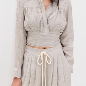 Conjuntos de Dos Piezas para Mujer, Diseño Personalizado de Verano, Borde Ondulado, Estilo Casual para el Hogar, Top Corto y Pantalones, Mezcla de Lino - Product Image 3