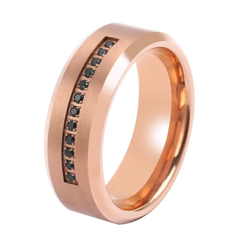 Rose Gold Plated 8mm Stylish Mens Ring Comfort Fit Tungsten Ring Beveled Edges Wedding Band Trendy Dome Flat Polished No Stone