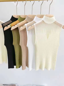 Women's <b>shirts</b> half-collar vests women's <b>sleeveless</b> sweaters chic tailoring street wear solid tight-fitting mesh knitted tops - Product Image 6