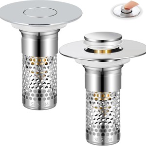 Siphon universel anti-odeur à poussoir escamotable, style minimaliste moderne, avec filtre anti-cheveux intégré, pour lavabos et éviers - Product Image 3