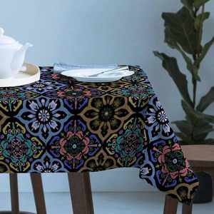 Boho Blue Flowers <b>Square</b> <b>Tablecloth</b> 100% Polyester Damask Ethnic Original Tribal Style Home Decor Original Stock - Product Image 3
