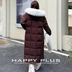 Conjunto de Chaqueta de Plumón para Mujer Happy Plus, Pantalones Color Avena, Top Azul Marino, Abrigo Largo Marrón Oscuro, Color Sólido, Tejido de Punto, Talla Grande, Otoño Invierno - Product Image 4