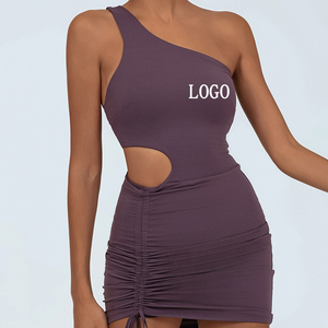 Jupe de sport/yoga/tennis plissée à cordon de serrage, couleur unie, très extensible, effet seconde peau, asymétrique, pour femme - Product Image 1