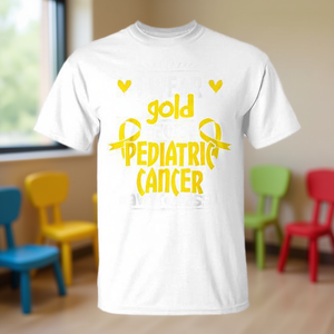 T-shirt unisexe pour adultes, col rond, manches courtes, sérigraphié, pour la sensibilisation au cancer pédiatrique avec ruban doré, pour événements de marche et de course, en soutien. - Product Image 2