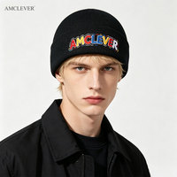 AMCLEVER Nouveau bonnet en laine tricoté pour l'hiver, doublé de polaire, épais et chaud, noir, pour homme, chapeau d'extérieur, logo personnalisé OEM