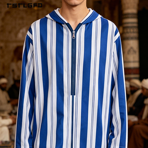 <b>Men</b> Blue White Striped Hooded <b>Thobe</b> Half Zip Long Sleeve Loose Full-Length Moroccan Djellaba Islamic Modest Casual Robe Kaftan - Product Image 2