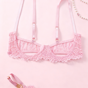 时尚清新甜美粉色印花多色可选蝴蝶结吊带女式内衣文胸套装 - Product Image 3