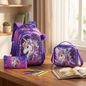 Set Zaino <span class=keywords><strong>Unicorno</strong></span> Carino 3 Pezzi con Paillettes Glitterate per Bambine e Ragazze, <span class=keywords><strong>Borsa</strong></span> Scuola per Studentesse delle Elementari con <span class=keywords><strong>Borsa</strong></span> Pranzo - Ingrosso Fabbrica - Product Image 1