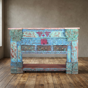 Meilleure collection de table console en bois sculpté à la main avec 3 tiroirs, art himalayen antique - Product Image 4