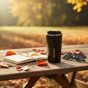 Mug à café en acier inoxydable Corege 20oz, gobelet isotherme de voyage, couvercle à charnière noir, design écologique - Product Image 2