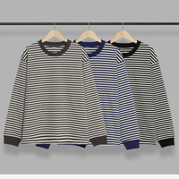 T-shirt unisexe premium à manches longues rayé 280G, coupe oversize, bleu, blanc, noir, décontracté, couche de base