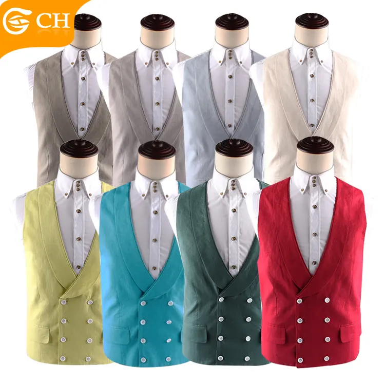 Factory Waiter Casual Waistcoat Vest Cheap Double Breasted Shawl Collar Sleeveless Custom Colorful Linen Waistcoat Vest For Men