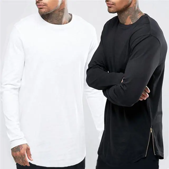 2023 New Trends Men T shirts Super Longline Long Sleeve T-Shirt Hip Hop Arc hem With Curve Hem Side Zip Tops tee men