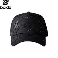Gorra de béisbol unisex de gamuza con diseño de cruz de diamantes de imitación y letras, bordado 3D de 5 paneles, envío rápido en stock