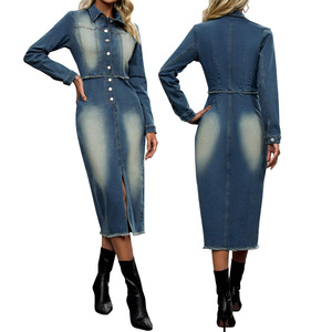 Robe mi-longue sexy pour femme à manches longues, col rabattu, fente et franges - 218755 - Product Image 1