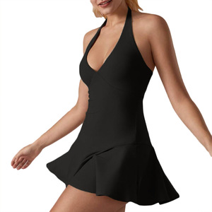 Robe-jupe de tennis unie transfrontalière avec coussinet de poitrine, col suspendu, dos élégant, anti-roulement, légère, pour le sport, le yoga en extérieur, en nylon - Product Image 3