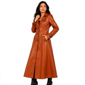 Elegante Abrigo Largo de Mujer en Cuero Sintético con Cuello de Solapa y Cierre de Botones, Ropa Exterior Cortavientos para Otoño - Product Image 1