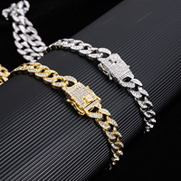 Set Perhiasan Kalung dan Gelang Rantai Cuban Hip Hop 12mm, Lapis Emas, Bertabur Batu Rhinestone Baguette, untuk Pria dan Wanita