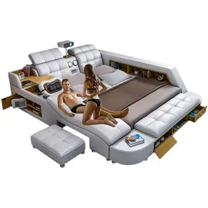 Mobiliário de 2022 quartos de couro genuíno, cama king size cama multifuncional cama suporte-cama