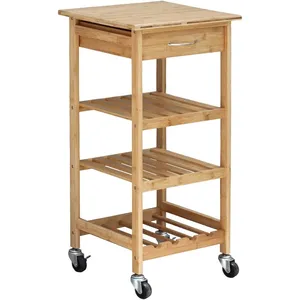 Rolling Kitchen Use Quality Bamboo Small Kitchen Island with Drawers Bamboo Small Cart with Wine bottle storage