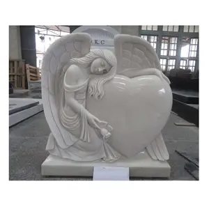 Aile d'ange sculptée en marbre blanc naturel de haute qualité avec pierres tombales en forme de cœur