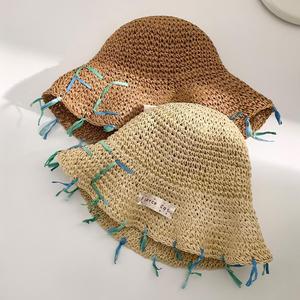 Women's Handmade Ribbon Woven Straw <b>Hat</b> Wide Brim Sun Protection Beach Vacation <b>Summer</b> Female Natural Grass Fisherman <b>Hat</b> - Product Image 5
