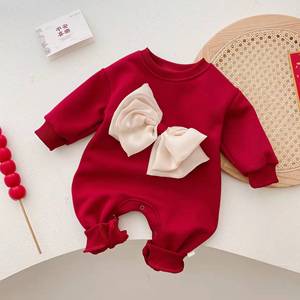 Tenue de <span class=keywords><strong>Nouvel</strong></span> <span class=keywords><strong>An</strong></span> pour bébé : Combinaison et barboteuse d'hiver en coton doublé polaire avec nœud pour nouveau-né - Product Image 2
