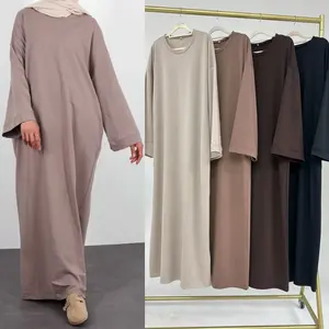 도매 새로운 도착 Eid 라마단 단색 폴리에스터 긴 소매 사이드 포켓 여성 드레스 Abaya 여성 이슬람 원피스