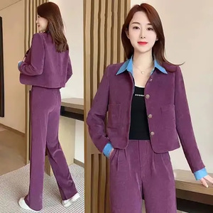 Women's Corduroy Suit Set Long Sleeve Top Wide Leg Pants Purple Casual Anti-Wrinkle Two Piece Outfit JN8221 - Product Image 1